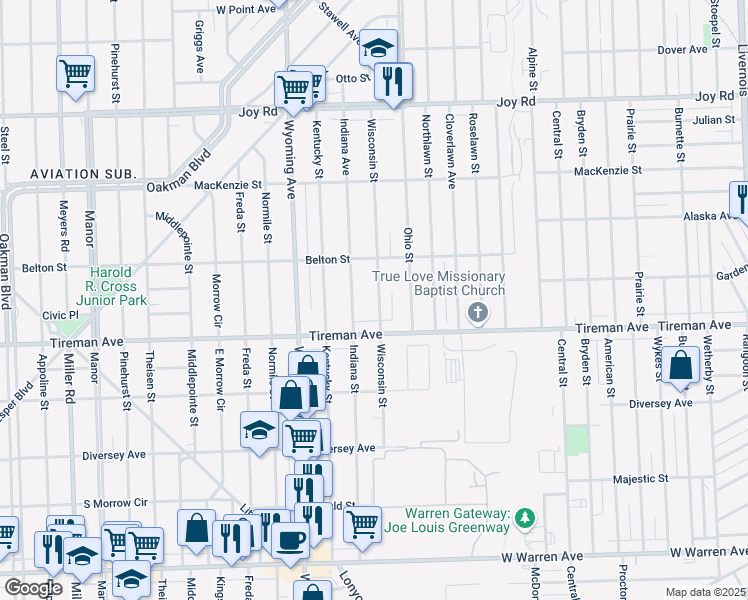 map of restaurants, bars, coffee shops, grocery stores, and more near 8069 Wisconsin Street in Detroit