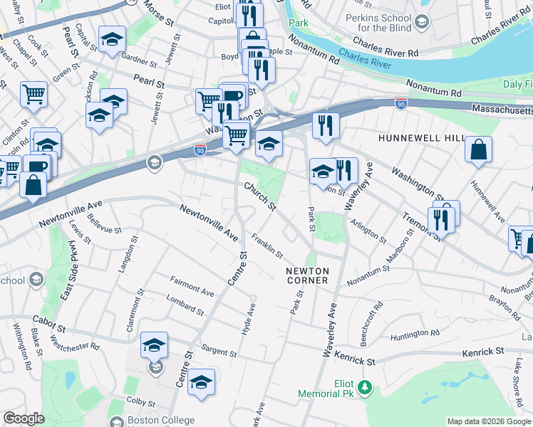 map of restaurants, bars, coffee shops, grocery stores, and more near 83 Eldredge Street in Newton