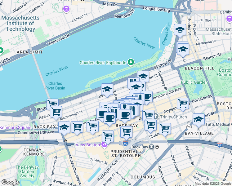 map of restaurants, bars, coffee shops, grocery stores, and more near 193 Marlborough Street in Boston