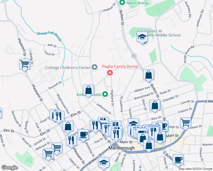 map of restaurants, bars, coffee shops, grocery stores, and more near 67 Tayntor Street in Marlborough