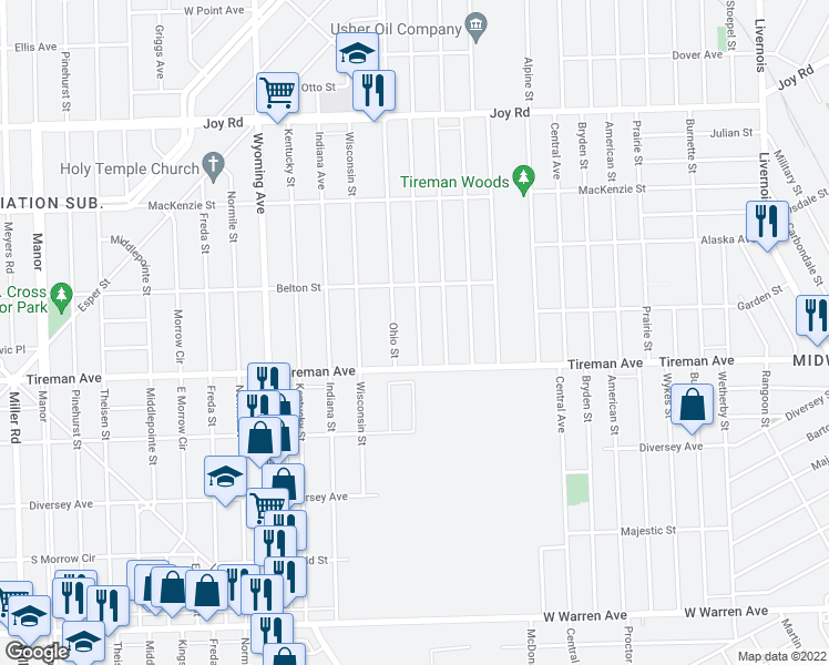 map of restaurants, bars, coffee shops, grocery stores, and more near 8067 Northlawn Street in Detroit