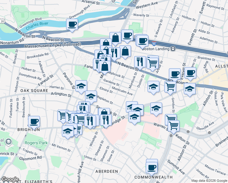 map of restaurants, bars, coffee shops, grocery stores, and more near 50 Elmira Street in Brighton
