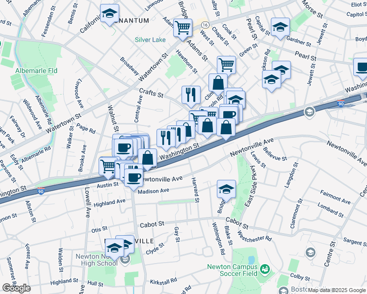 map of restaurants, bars, coffee shops, grocery stores, and more near in Newton
