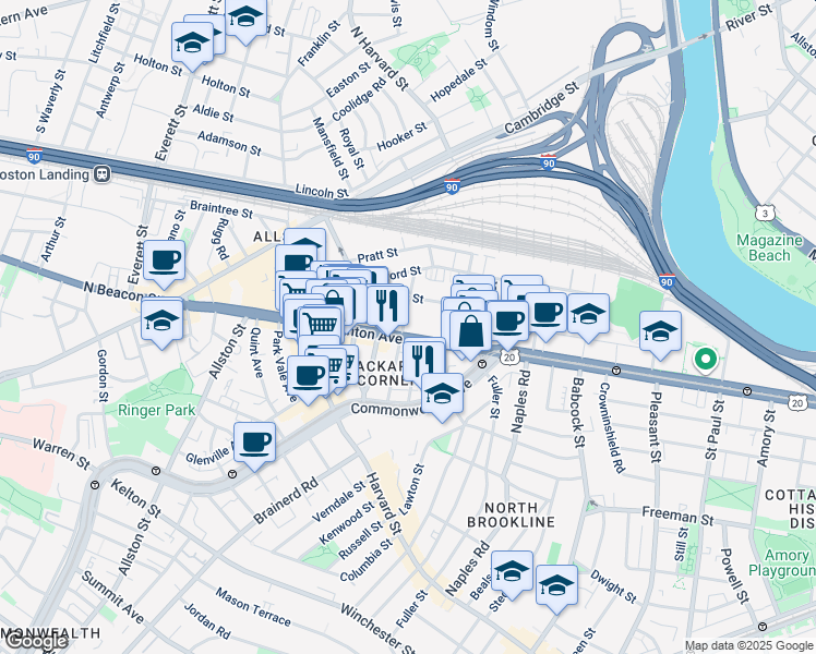 map of restaurants, bars, coffee shops, grocery stores, and more near 66 Brighton Avenue in Boston