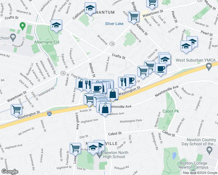 map of restaurants, bars, coffee shops, grocery stores, and more near 108 Central Avenue in Newton
