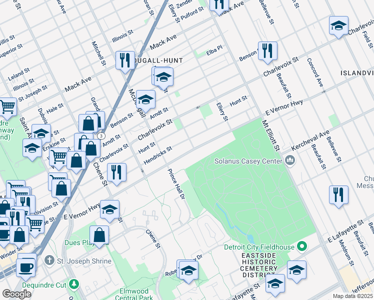map of restaurants, bars, coffee shops, grocery stores, and more near 3199 East Vernor Highway in Detroit