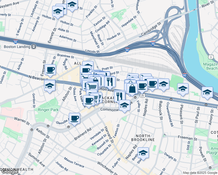 map of restaurants, bars, coffee shops, grocery stores, and more near 66 Brighton Avenue in Boston