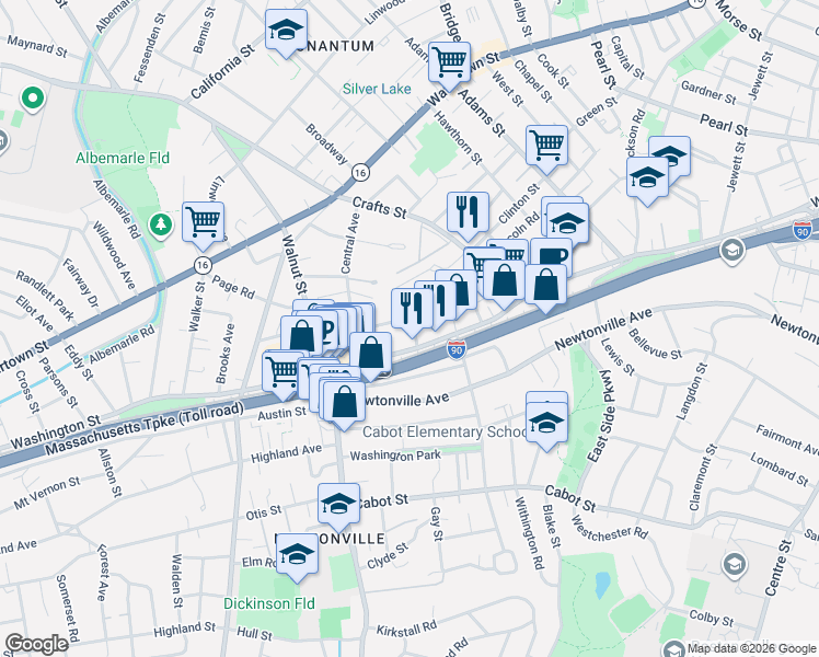 map of restaurants, bars, coffee shops, grocery stores, and more near 7 Beach Street in Newton