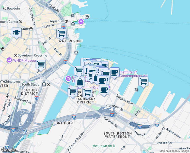 map of restaurants, bars, coffee shops, grocery stores, and more near 1 Fan Pier Boulevard in Boston