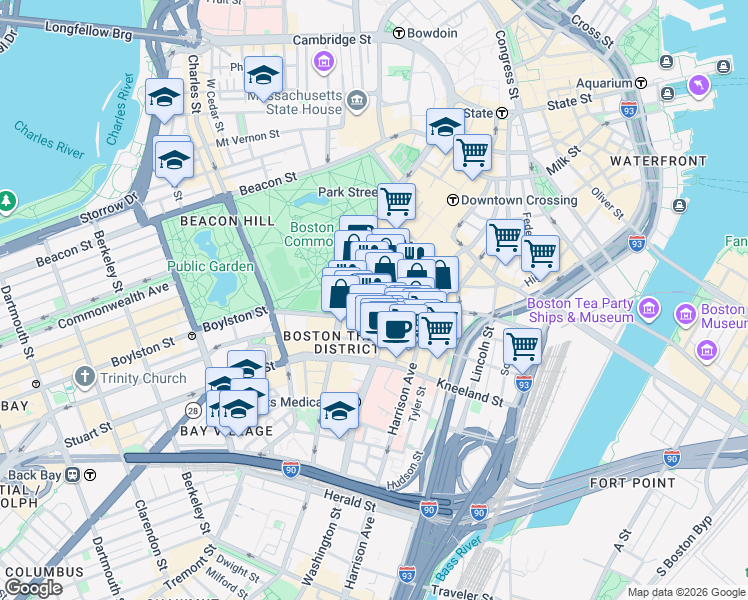 map of restaurants, bars, coffee shops, grocery stores, and more near 4 Avery Street in Boston