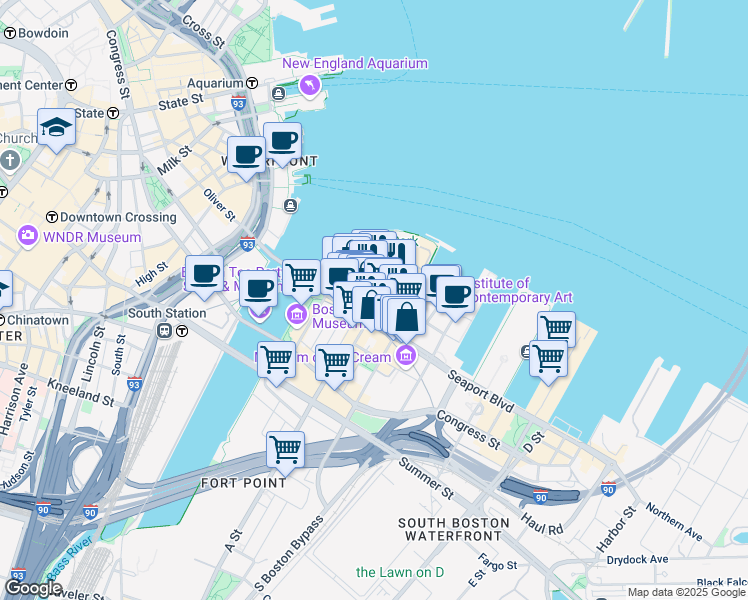 map of restaurants, bars, coffee shops, grocery stores, and more near 7 Fan Pier Boulevard in Boston