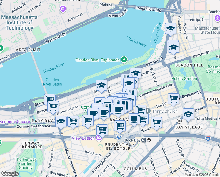 map of restaurants, bars, coffee shops, grocery stores, and more near 297 Beacon Street in Boston