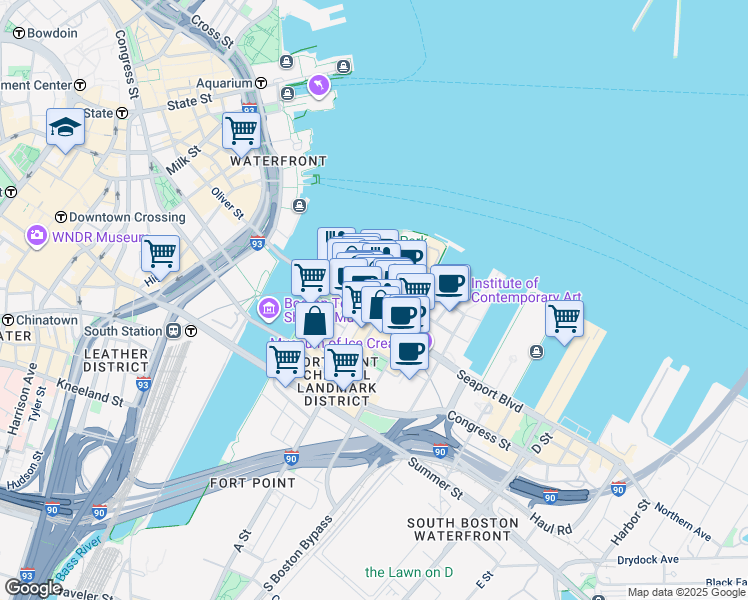 map of restaurants, bars, coffee shops, grocery stores, and more near 64 Seaport Boulevard in Boston