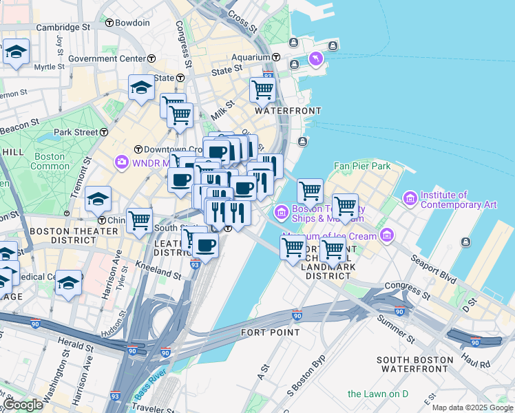 map of restaurants, bars, coffee shops, grocery stores, and more near 556-624 Atlantic Avenue in Boston