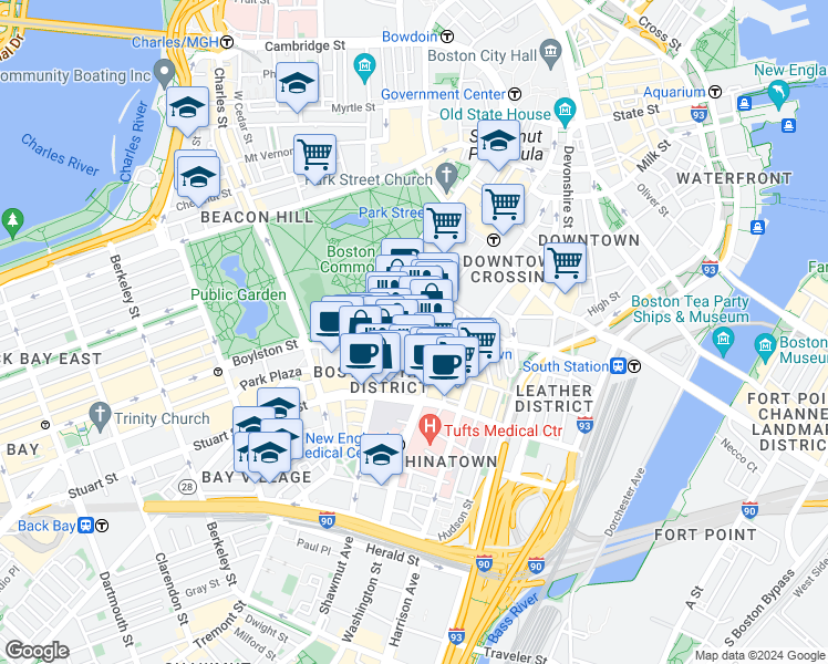 map of restaurants, bars, coffee shops, grocery stores, and more near in Boston