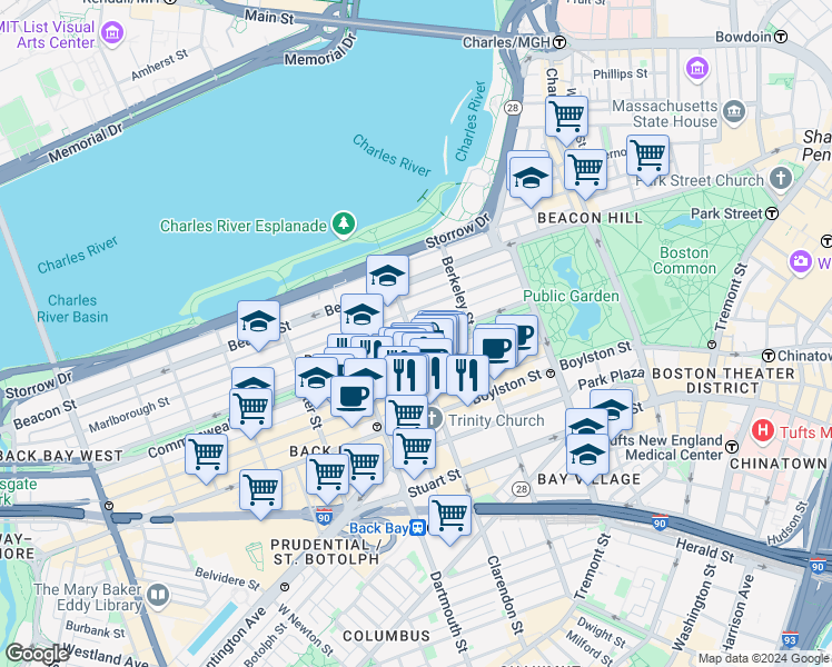 map of restaurants, bars, coffee shops, grocery stores, and more near in Boston