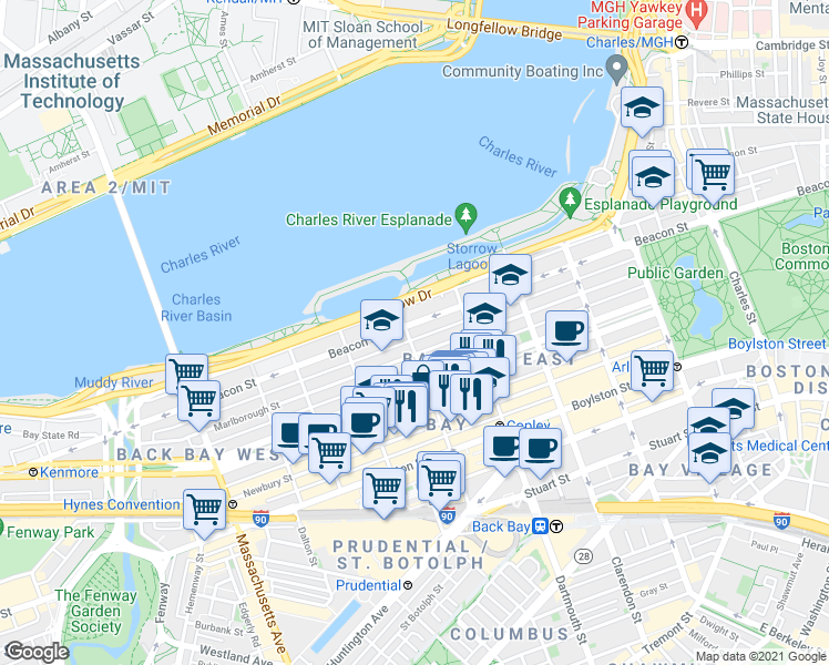 map of restaurants, bars, coffee shops, grocery stores, and more near 193 Marlborough Street in Boston