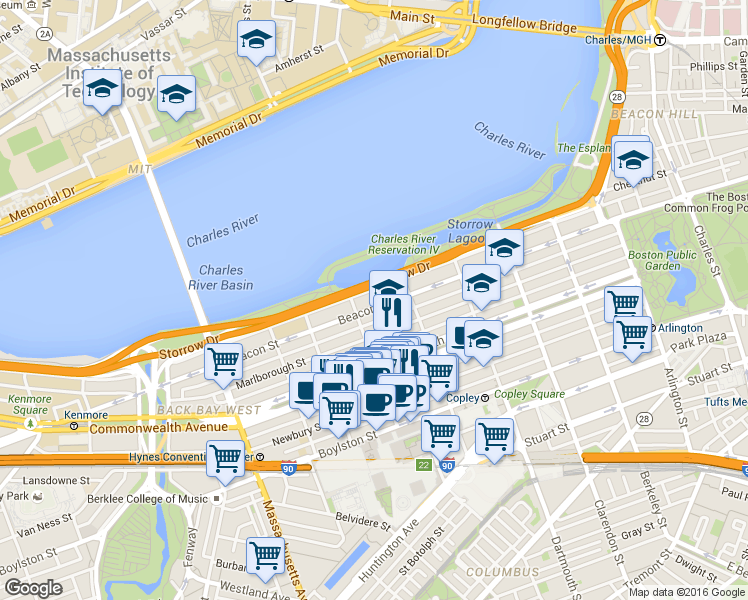 map of restaurants, bars, coffee shops, grocery stores, and more near 10 Fairfield Street in Boston
