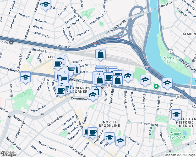 map of restaurants, bars, coffee shops, grocery stores, and more near 1 Brighton Avenue in Boston