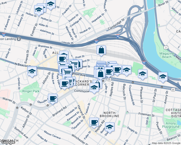map of restaurants, bars, coffee shops, grocery stores, and more near 39 Brighton Avenue in Boston