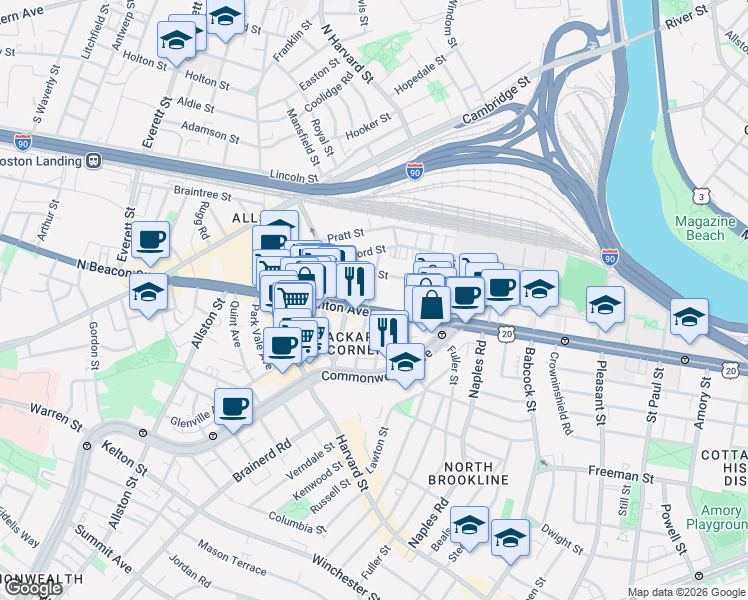 map of restaurants, bars, coffee shops, grocery stores, and more near 66 Brighton Avenue in Boston