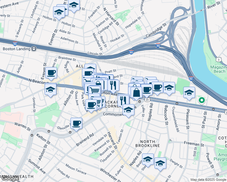 map of restaurants, bars, coffee shops, grocery stores, and more near 66 Brighton Avenue in Boston