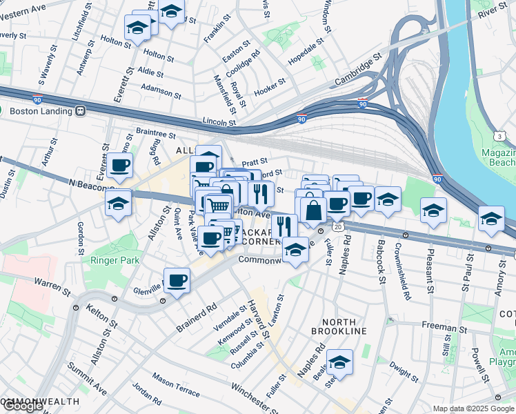 map of restaurants, bars, coffee shops, grocery stores, and more near 66 Brighton Avenue in Boston