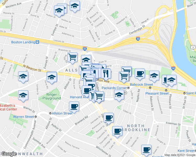 map of restaurants, bars, coffee shops, grocery stores, and more near 100 U.S. 20 in Boston