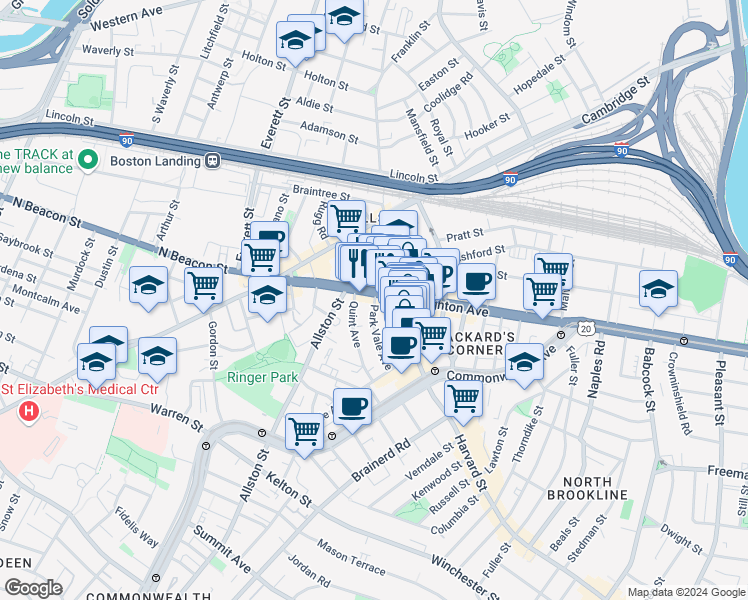 map of restaurants, bars, coffee shops, grocery stores, and more near 47 Park Vale Avenue in Boston