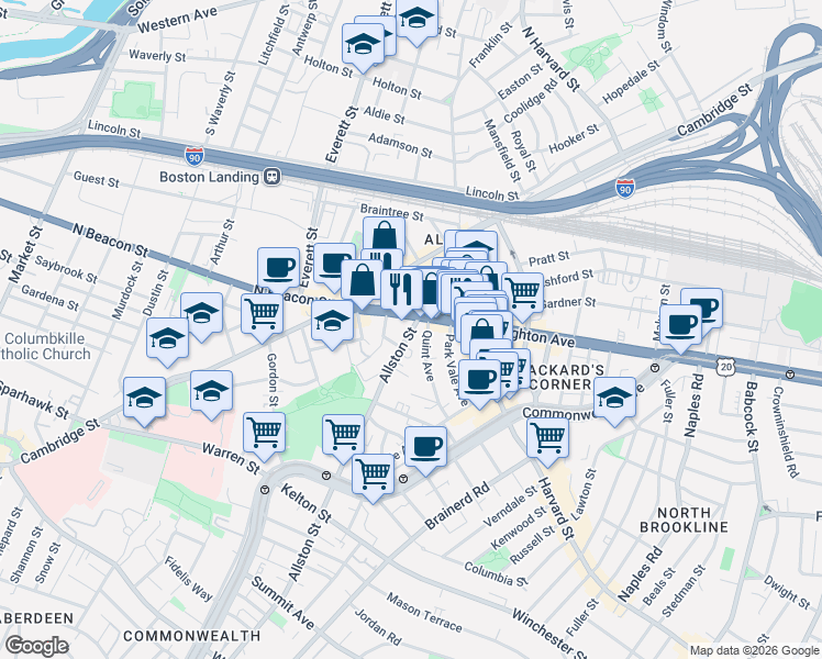 map of restaurants, bars, coffee shops, grocery stores, and more near 21 Quint Avenue in Boston