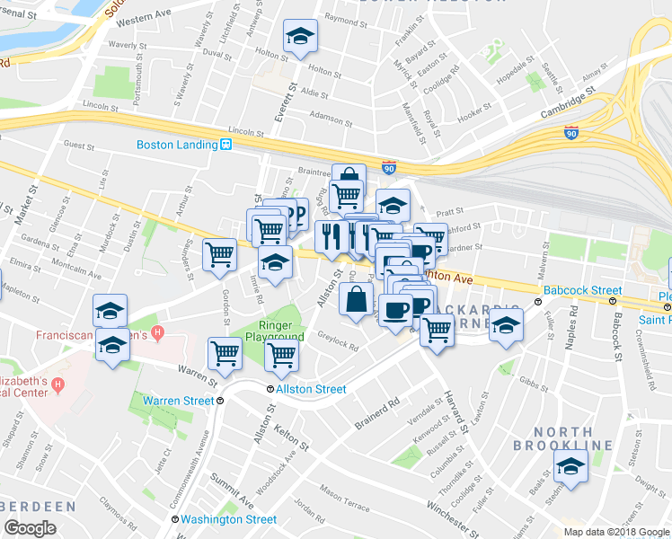 map of restaurants, bars, coffee shops, grocery stores, and more near 21 Quint Avenue in Boston