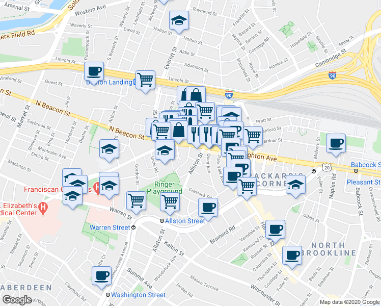 map of restaurants, bars, coffee shops, grocery stores, and more near 21-23 Higgins Street in Boston
