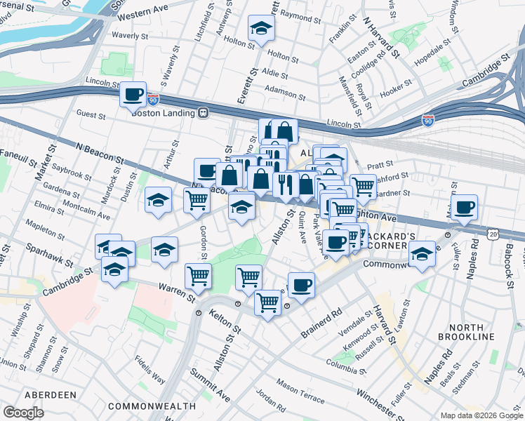 map of restaurants, bars, coffee shops, grocery stores, and more near 21-23 Higgins Street in Boston