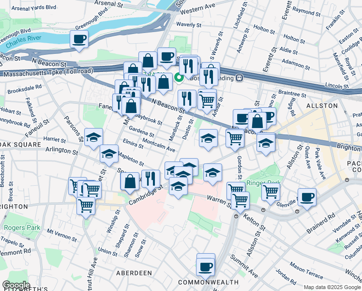 map of restaurants, bars, coffee shops, grocery stores, and more near 59 Dustin Street in Boston