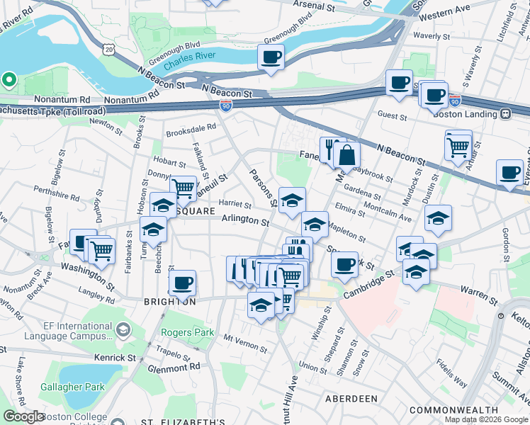 map of restaurants, bars, coffee shops, grocery stores, and more near 73 Parsons Street in Boston