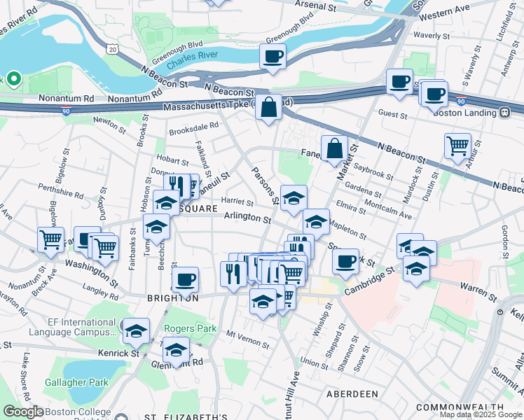 map of restaurants, bars, coffee shops, grocery stores, and more near 78 Arlington Street in Boston