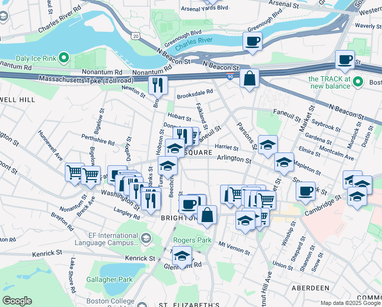 map of restaurants, bars, coffee shops, grocery stores, and more near in Boston
