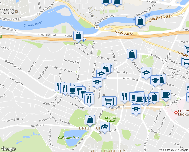 map of restaurants, bars, coffee shops, grocery stores, and more near 278 Faneuil Street in Boston
