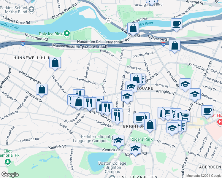map of restaurants, bars, coffee shops, grocery stores, and more near 335 Faneuil Street in Boston