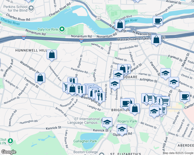 map of restaurants, bars, coffee shops, grocery stores, and more near 335 Faneuil Street in Boston