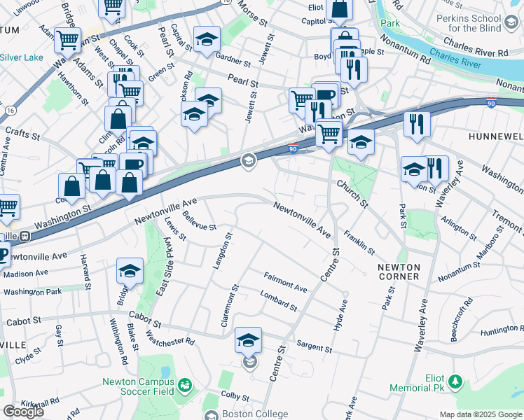 map of restaurants, bars, coffee shops, grocery stores, and more near 16 Summit Street in Newton