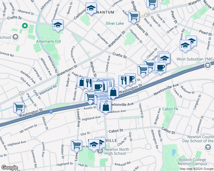 map of restaurants, bars, coffee shops, grocery stores, and more near in Newton