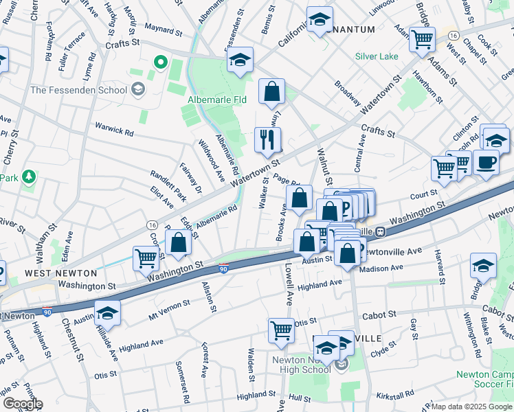 map of restaurants, bars, coffee shops, grocery stores, and more near 66 Walker Street in Newton
