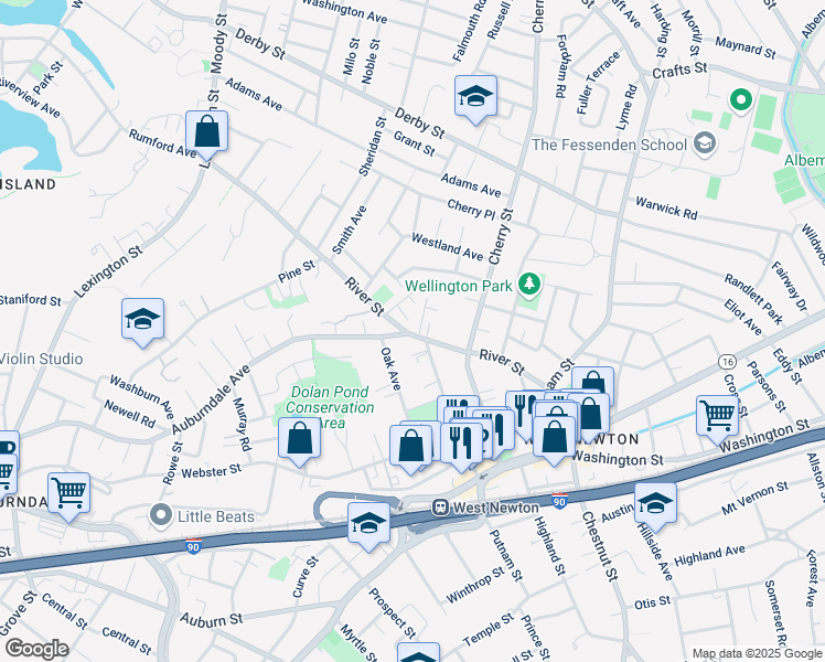 map of restaurants, bars, coffee shops, grocery stores, and more near 24 Auburndale Avenue in Newton