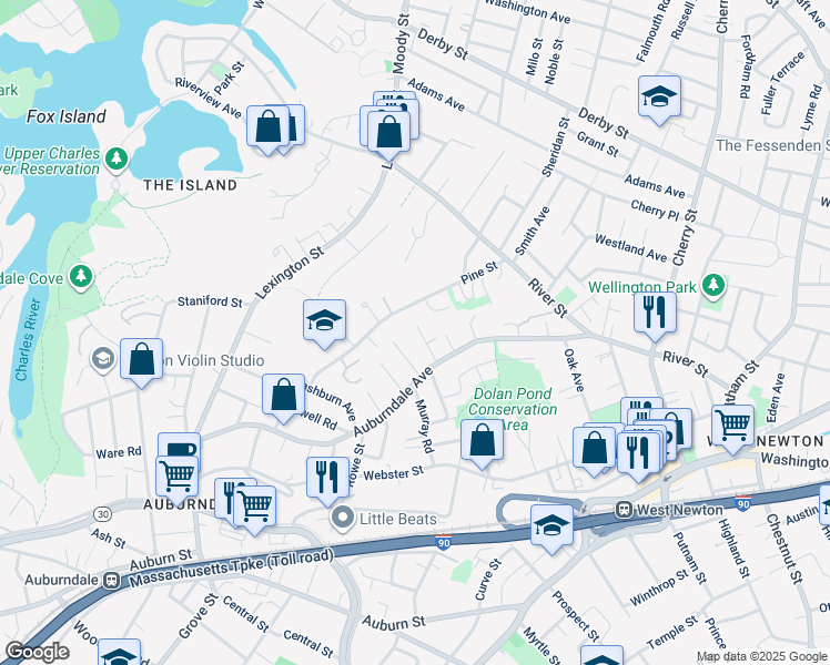 map of restaurants, bars, coffee shops, grocery stores, and more near 24 Shirley Street in Newton