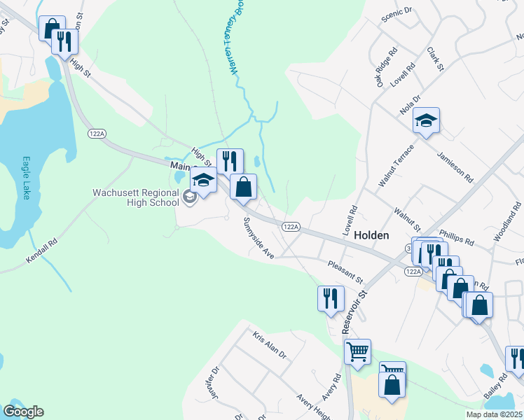 map of restaurants, bars, coffee shops, grocery stores, and more near 1326 Main Street in Holden