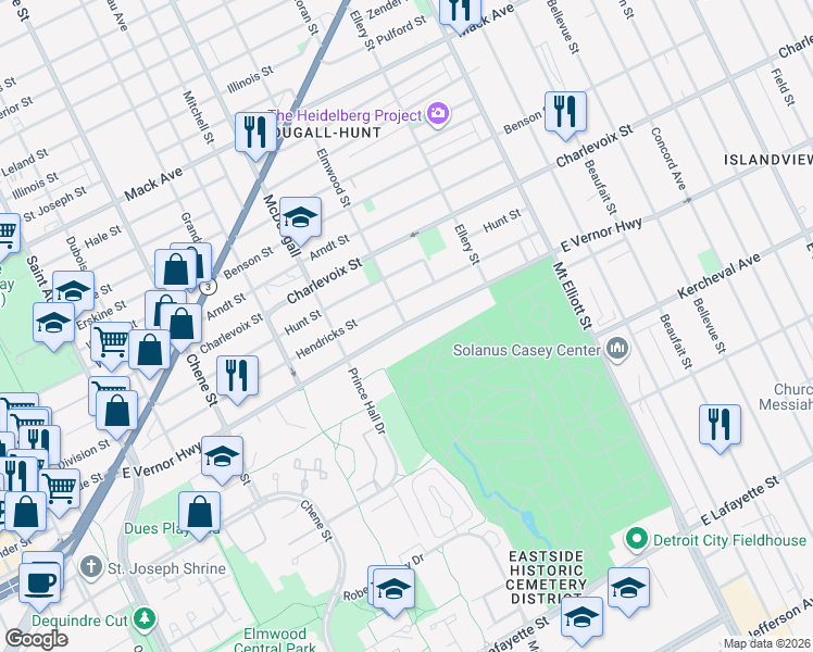 map of restaurants, bars, coffee shops, grocery stores, and more near 3199 East Vernor Highway in Detroit
