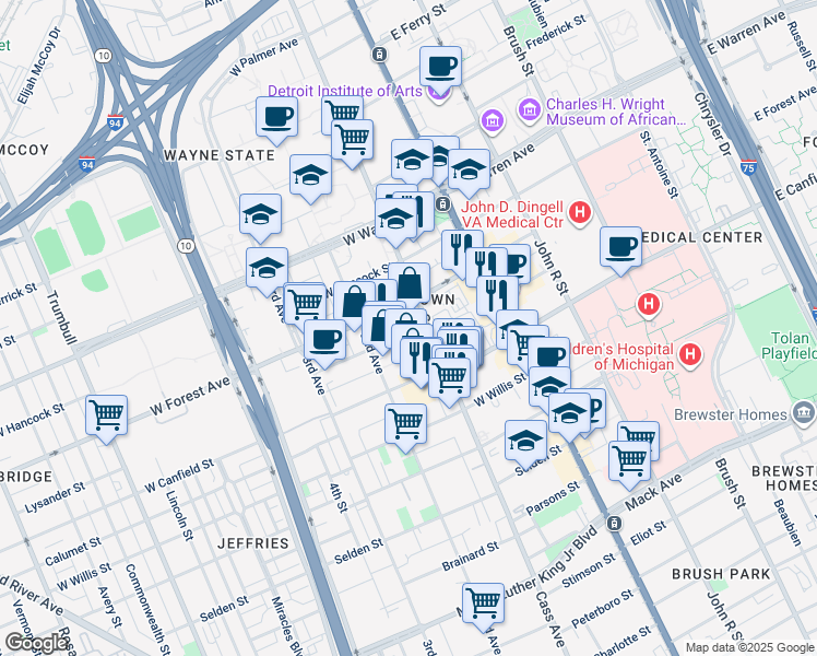 map of restaurants, bars, coffee shops, grocery stores, and more near 435 Prentis Street in Detroit