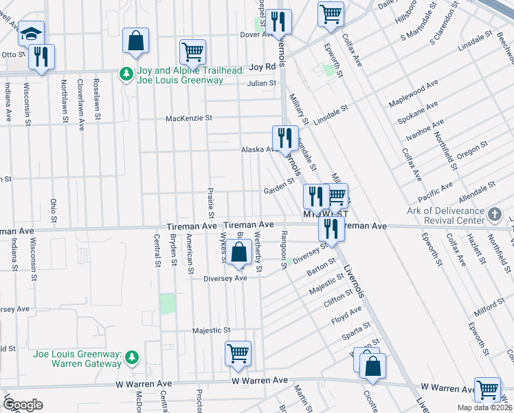 map of restaurants, bars, coffee shops, grocery stores, and more near 8024 Burnette Street in Detroit