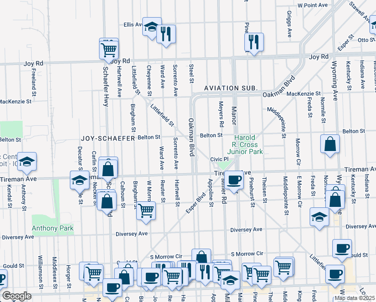 map of restaurants, bars, coffee shops, grocery stores, and more near 6670 Oakman Boulevard in Detroit